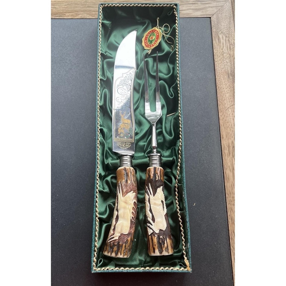 Vintage‎ Anton Wingen Jr Solingen Germany Stag Antler Carving Set Box NOS Deer